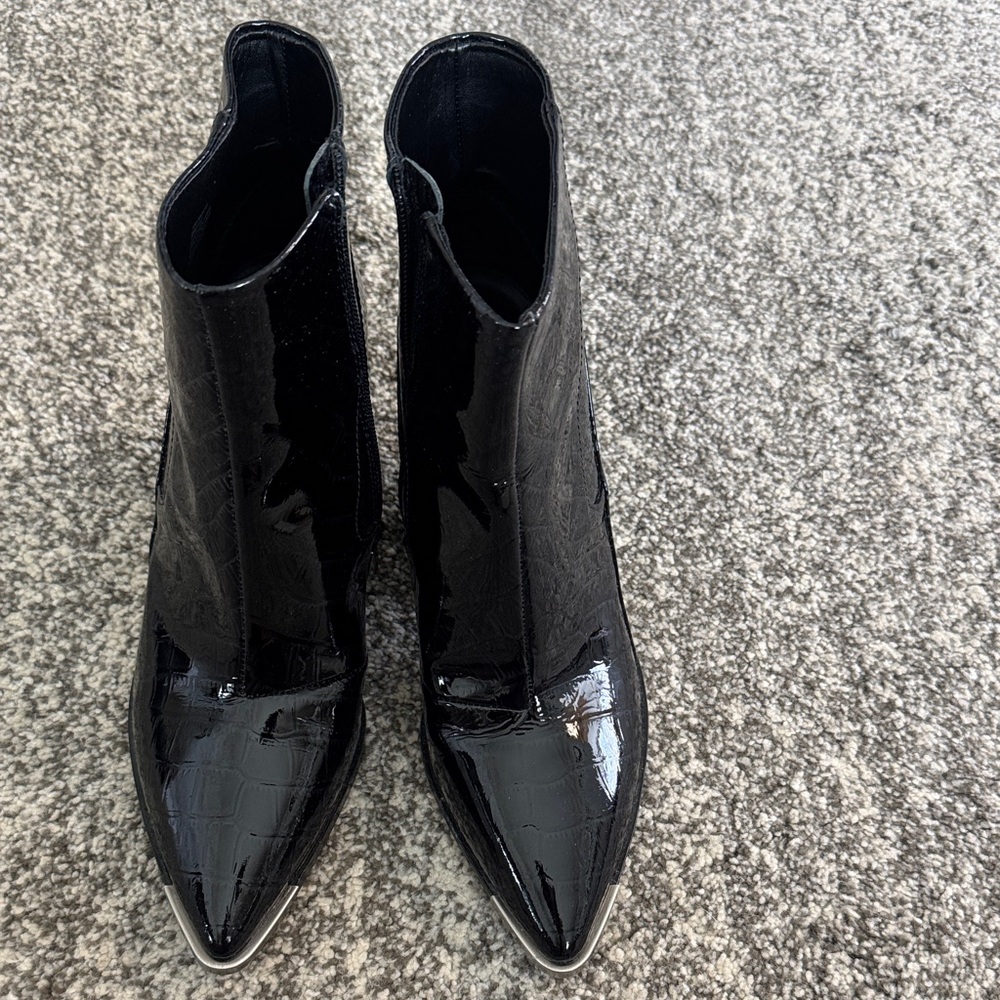 Vince Camuto Black Patent Croc-Embossed Pointed Ankle Boots